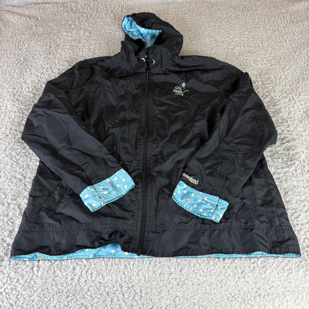 Disney Parks Minnie Mouse Windbreaker Jacket Black Blue Polka Dot Hooded L